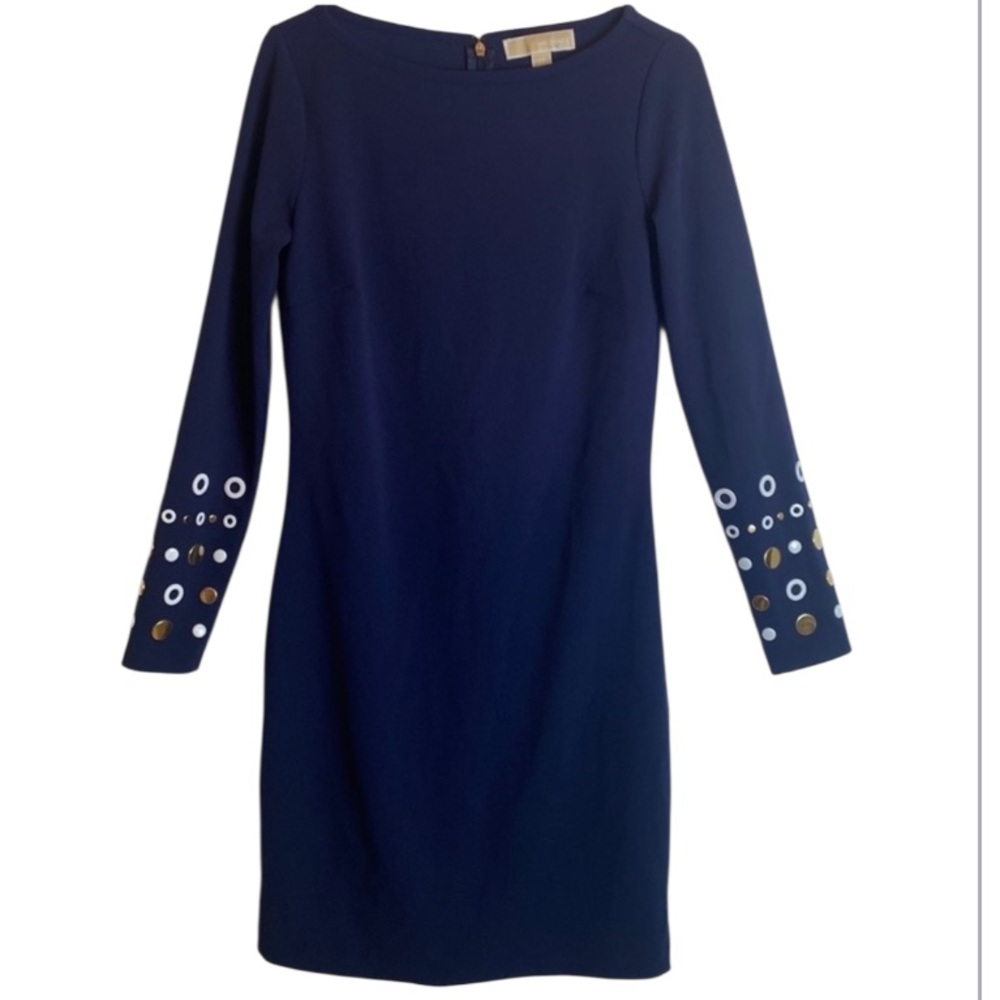 MICHAEL MICHAEL KORS Womens Navy Mini Sheath Dress L/S Grommet Detailed Size XS